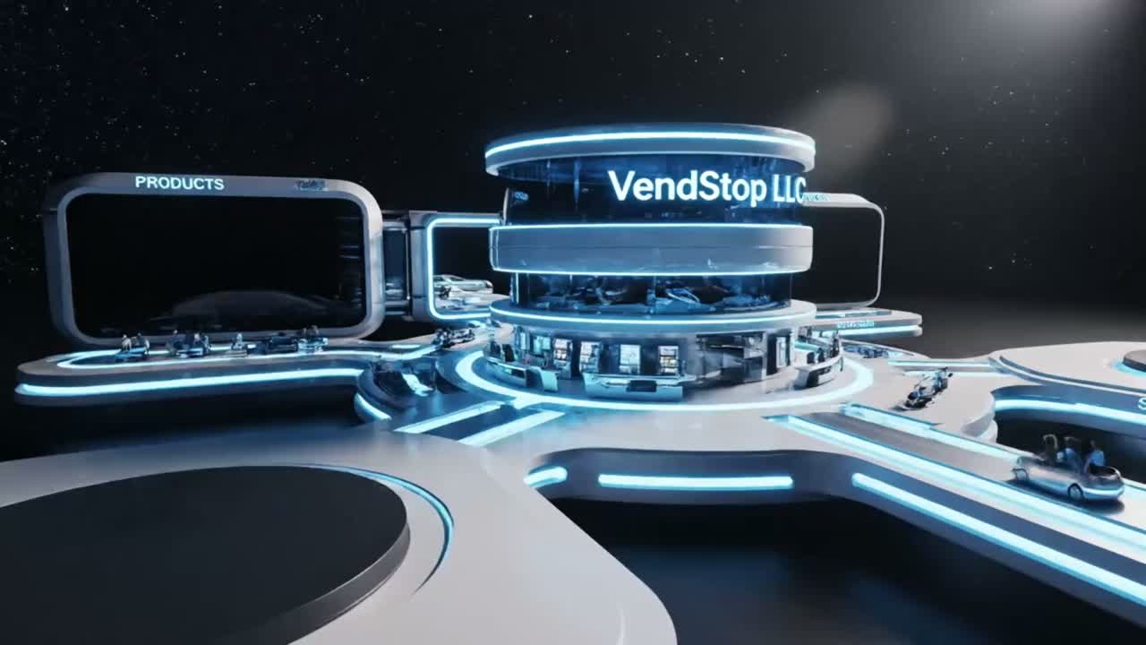 Stylised VendStop LLC commerce hub — connected product, vending, and delivery lanes orbiting a single platform
